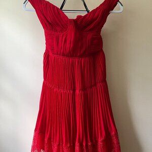 Self Portrait; Size 4, Square Neck Off Shoulder Mini Red Dress with Lace and Ple